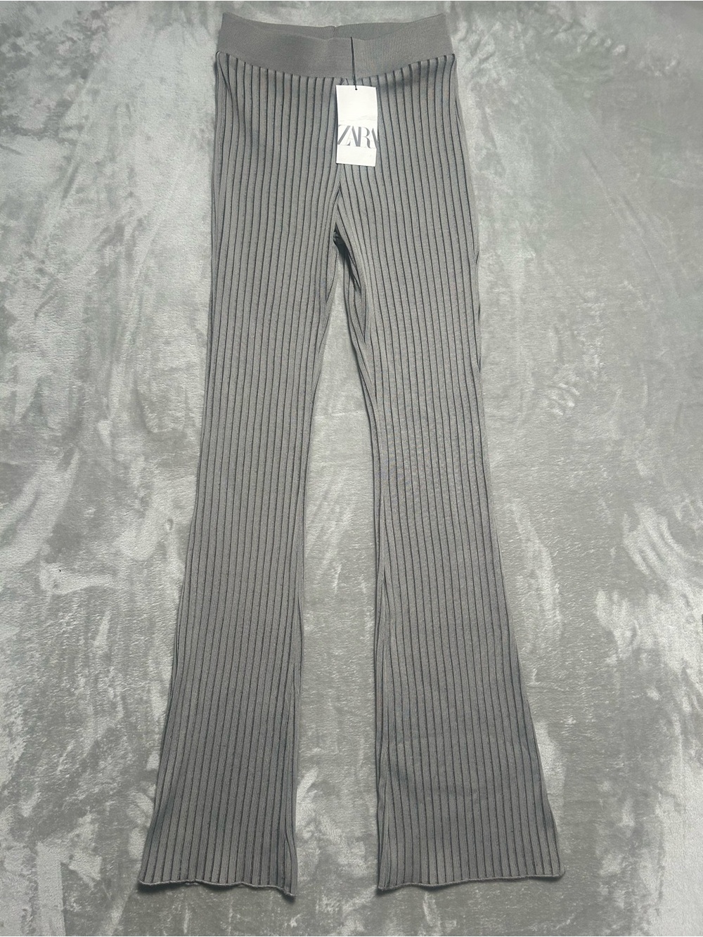 Zara Ribbed Knit Flare Pants Women’s Small Gray Stretch Striped